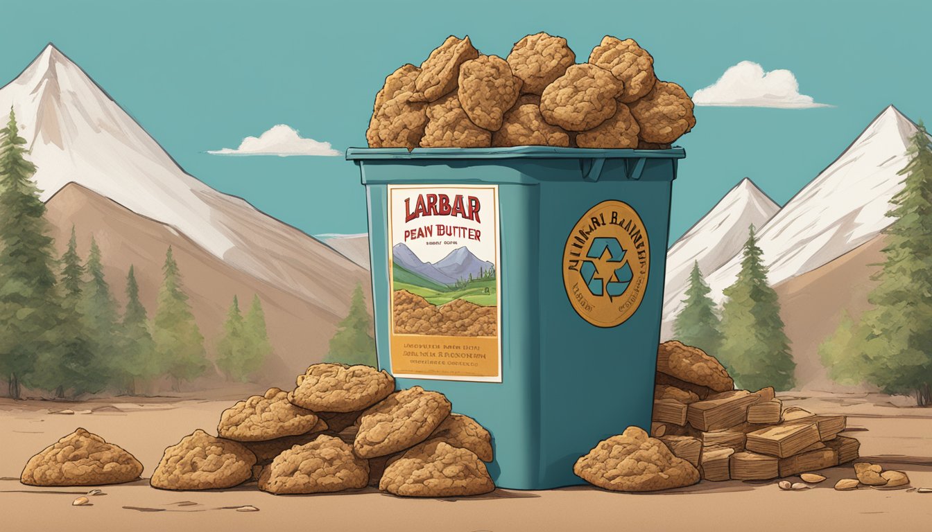 A mountain of Larabar peanut butter cookie bars towering over a recycling bin, with a small, wilted plant nearby