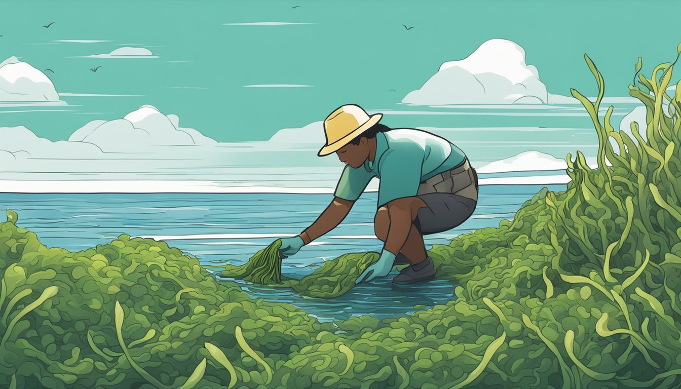 A person collecting fresh seaweed from the ocean floor