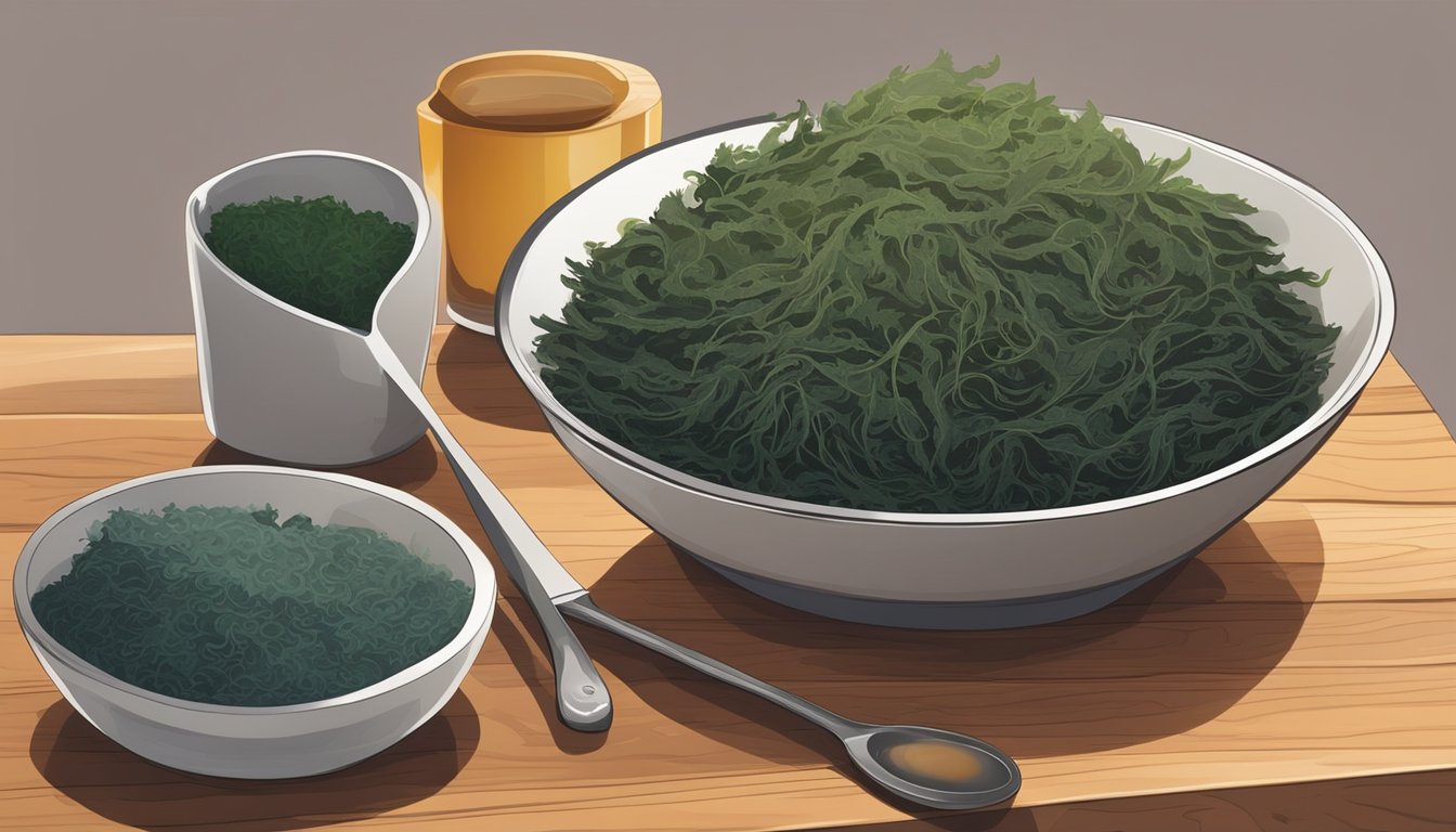 A bowl of mixed seaweed varieties arranged on a wooden cutting board, with a measuring spoon filled with a recommended daily amount of iodine-rich seaweed