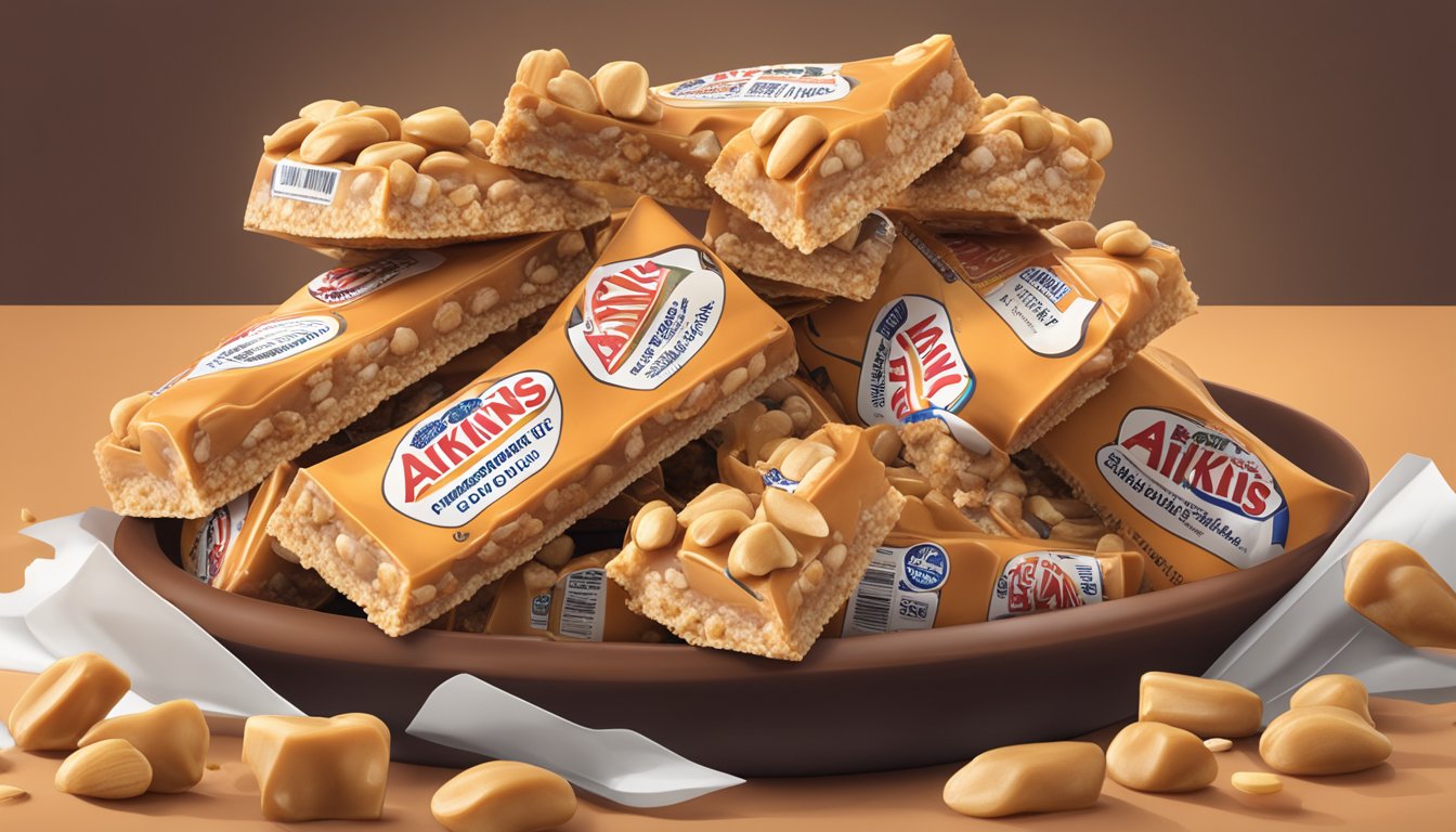 A pile of Atkins peanut caramel cluster bars overflowing from a bowl, with a cautionary warning label in the background