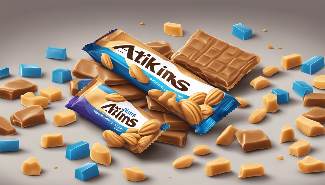 A pile of Atkins peanut caramel cluster bars grows larger, with empty wrappers scattered around