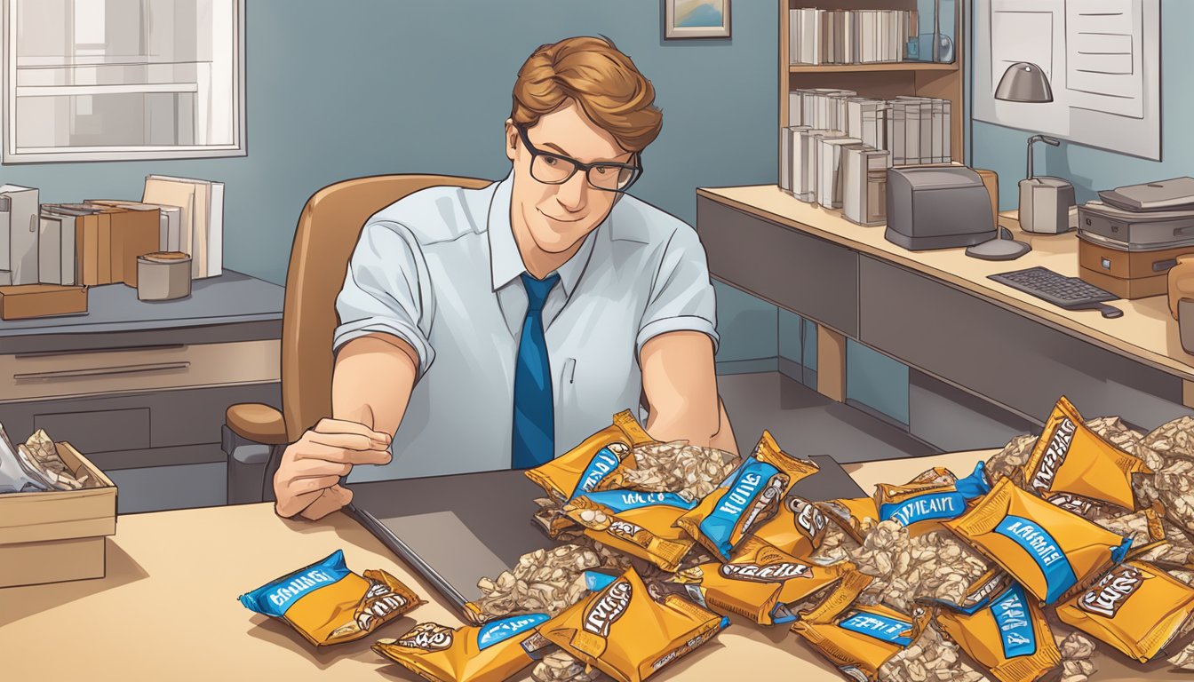 A pile of empty Atkins peanut caramel cluster bar wrappers scattered around a person's desk