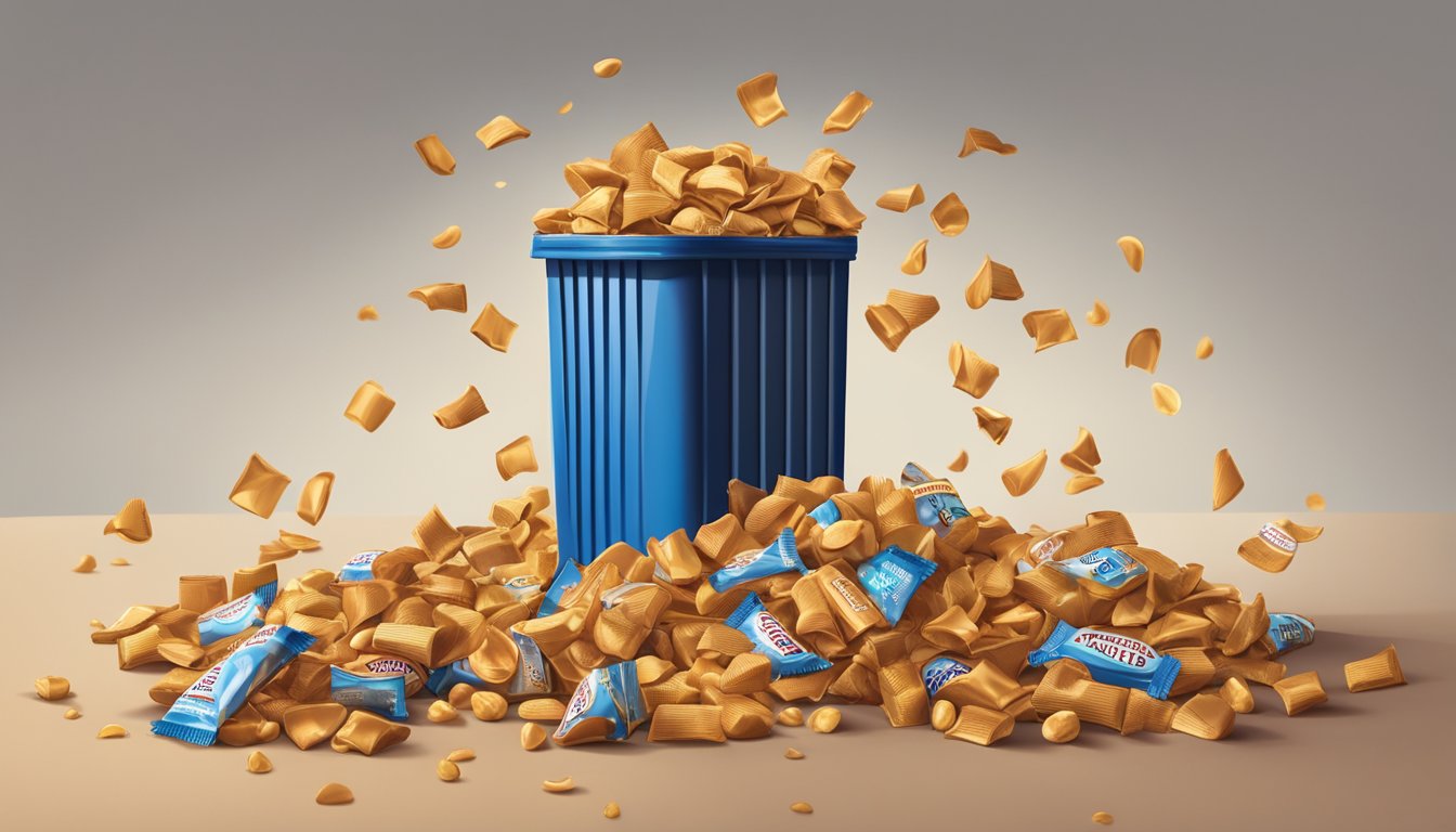 A pile of empty Atkins peanut caramel cluster bar wrappers scattered around a trash can, indicating excessive consumption