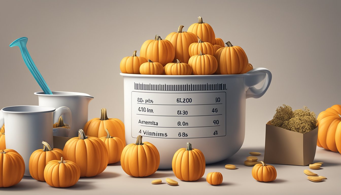 A pile of pumpkins arranged next to a measuring cup, with a sign displaying the amount of cups needed to meet daily vitamin A requirements