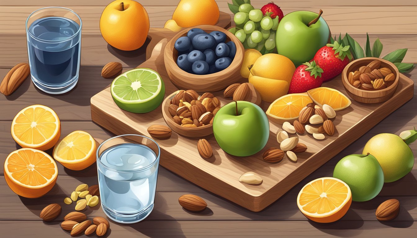 A colorful array of MacroBars arranged on a wooden cutting board, surrounded by a variety of fresh fruits and nuts, with a glass of water nearby