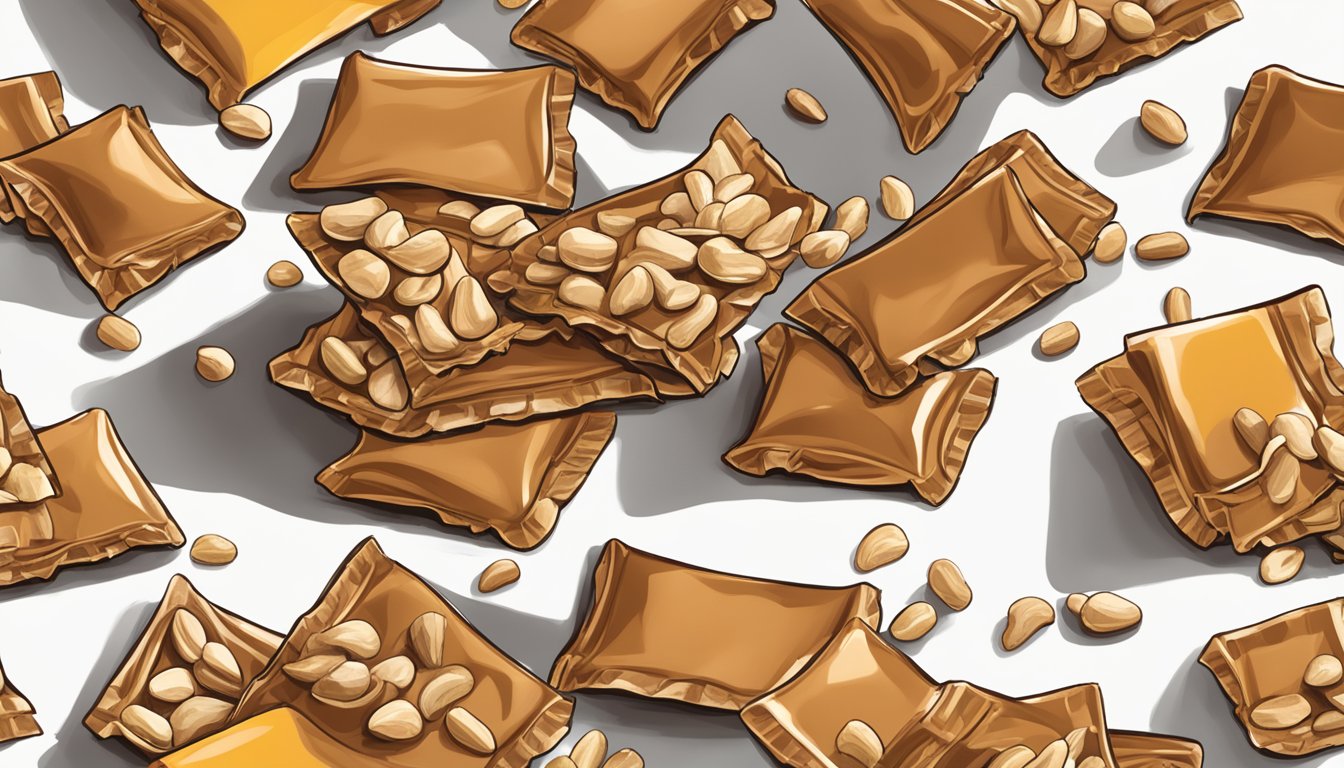 A pile of empty Atkins peanut caramel cluster bar wrappers scattered around a plate, indicating excessive consumption