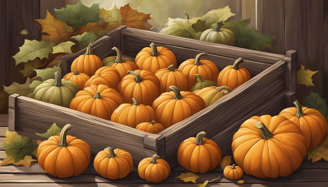 A colorful array of pumpkins, varying in size, are arranged in a rustic wooden crate. A measuring cup filled with diced pumpkin sits nearby, indicating the ingredient's potential for meeting vitamin A needs