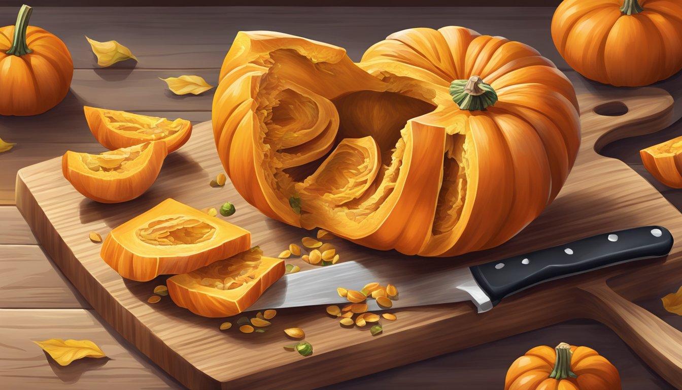 A colorful pumpkin being sliced open, revealing its vibrant orange flesh and seeds spilling out onto a wooden cutting board