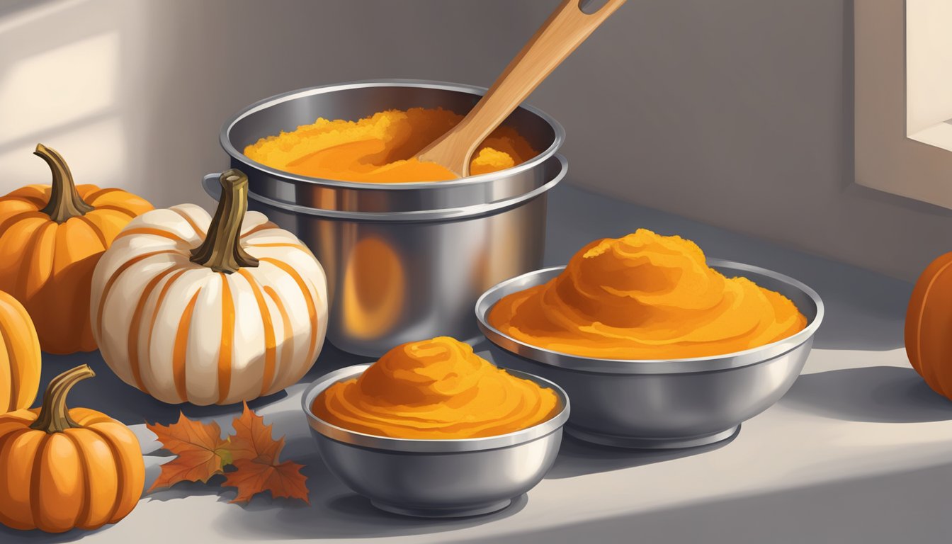 A measuring cup filled with pumpkin puree next to a pile of pumpkins