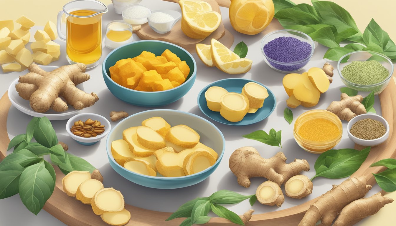 A colorful array of fresh ginger root, ginger tea, and ginger-infused dishes set on a vibrant kitchen counter, surrounded by an assortment of digestive health supplements and probiotic foods