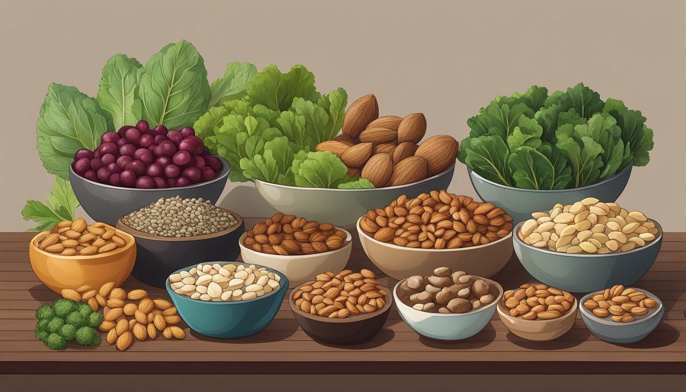 A variety of foods rich in manganese, such as nuts, seeds, and leafy greens, arranged on a table