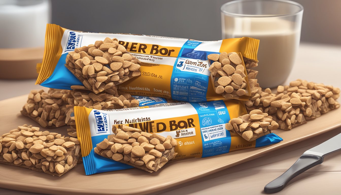 A pile of Fiber One Chewy bars stacked on a plate, with a nutrition label visible next to it