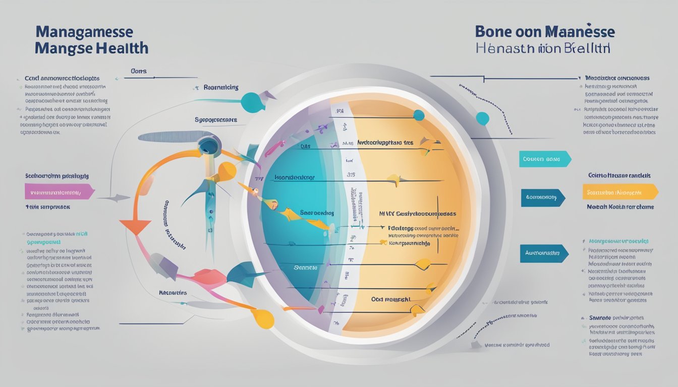 A colorful diagram showing the role of manganese in bone health, with arrows indicating the optimal amount needed for overall well-being