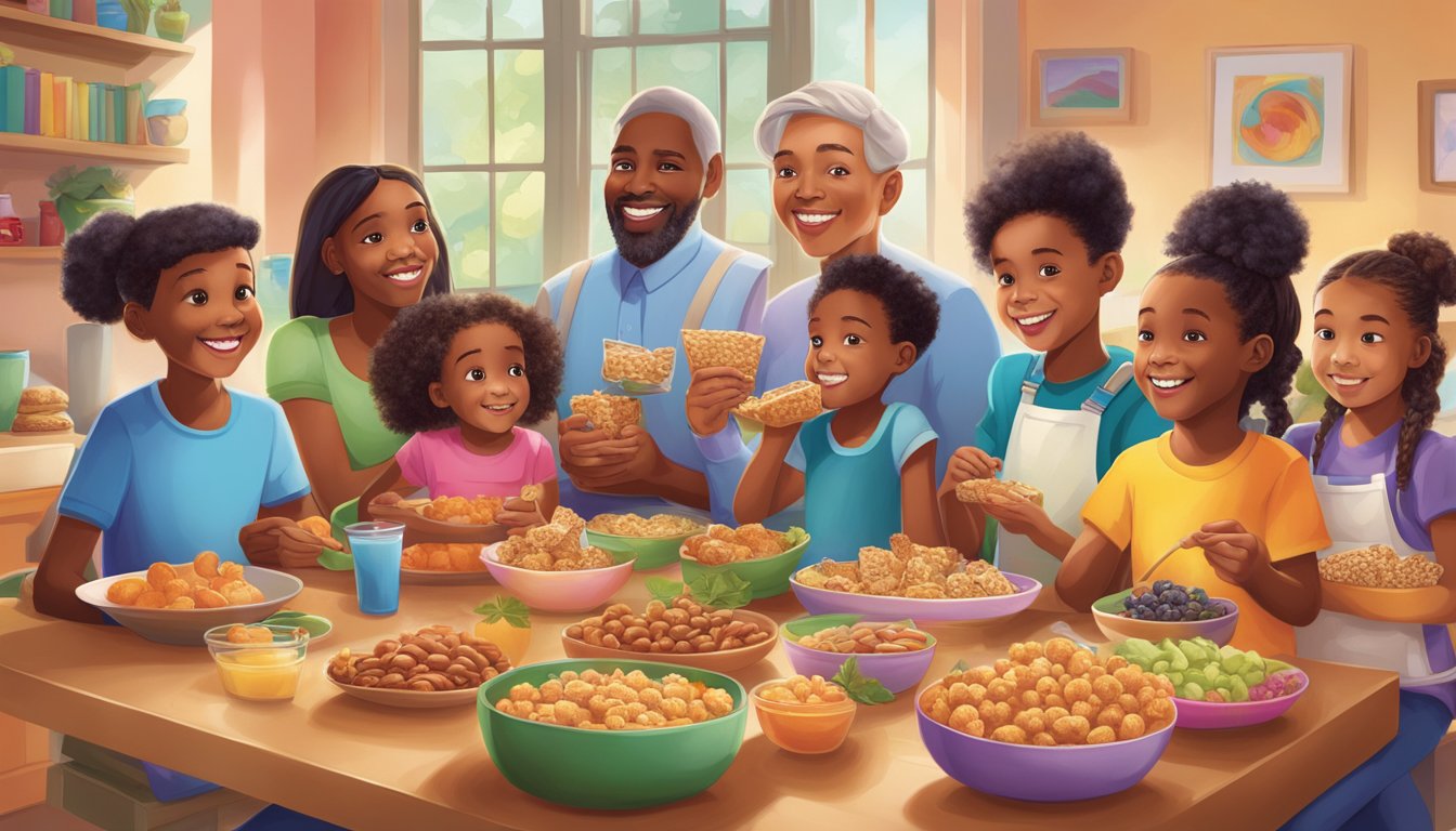 A diverse group of children and adults of different ages and genders enjoying a variety of fiber-rich foods, including Fiber One Chewy Bars, in a vibrant and colorful setting