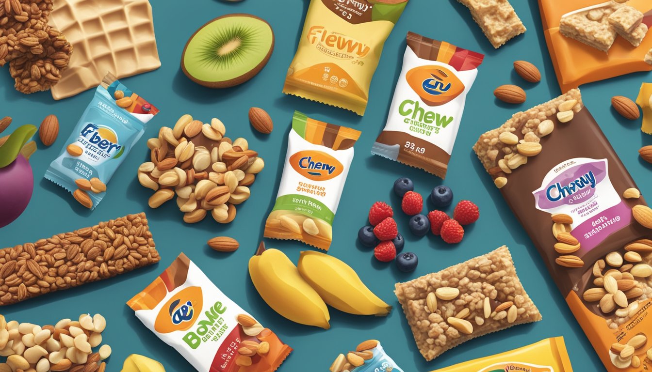 A variety of healthy snack options spread out on a kitchen counter, including Fiber One Chewy Bars, surrounded by fresh fruits and nuts