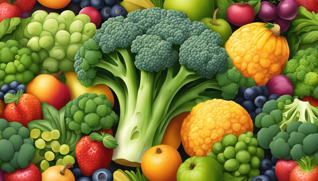 A vibrant bunch of broccoli surrounded by colorful fruits and vegetables, with a focus on the broccoli's vitamin C content