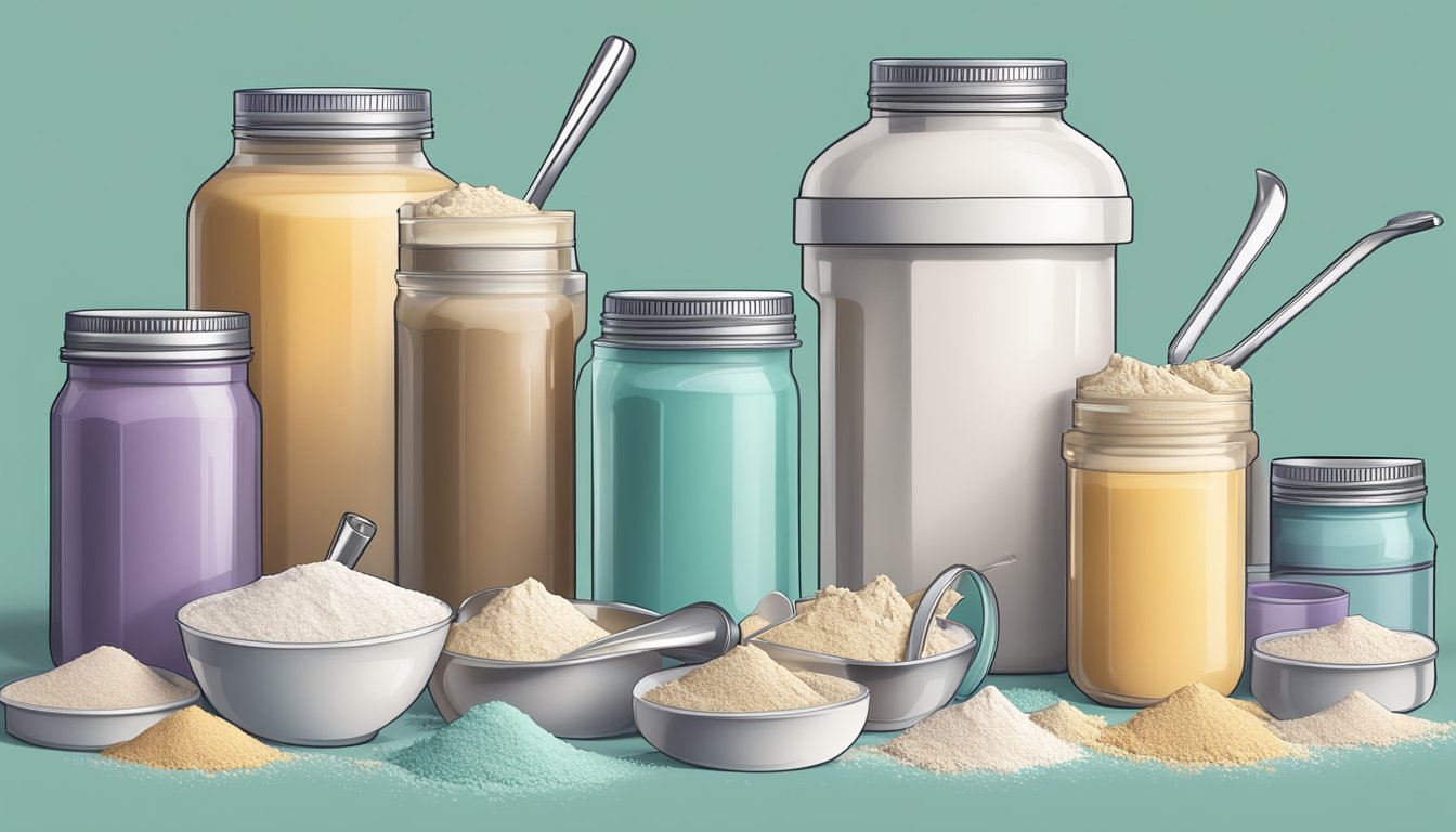 A table with multiple empty protein shake bottles, surrounded by a scattered pile of empty protein powder containers and a measuring scoop