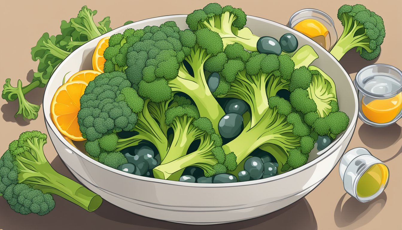 A bowl of broccoli overflowing with vitamin C, surrounded by measuring cups