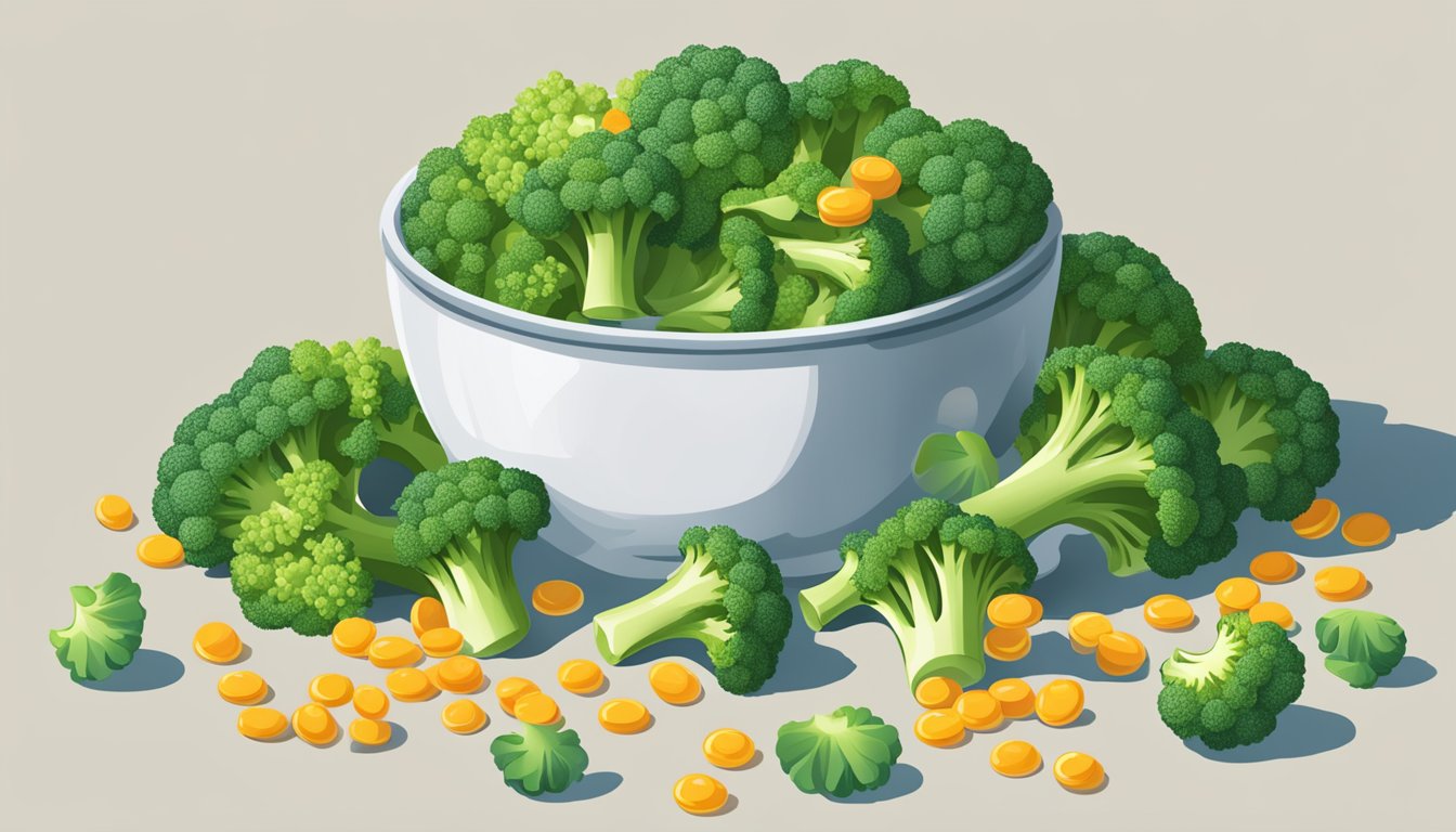 A pile of broccoli spilling out of a measuring cup, surrounded by scattered vitamin C tablets