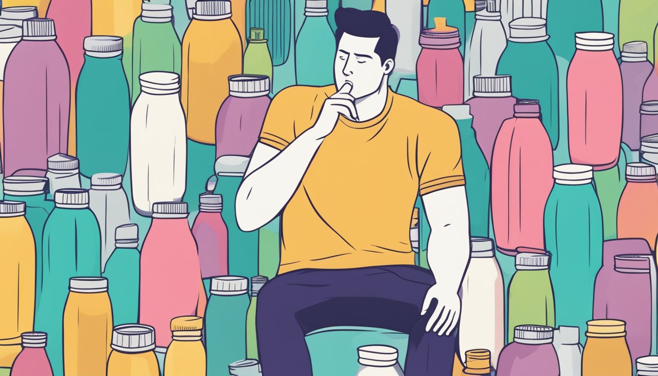 A person surrounded by empty protein shake bottles, looking overwhelmed