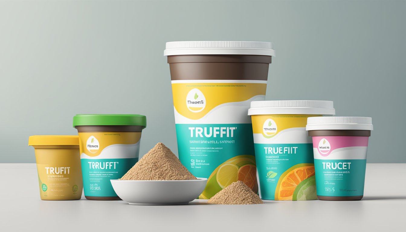 A table with multiple servings of TrueFit meal replacement stacked up, with a nutrition label and a warning sign indicating "Too Much."