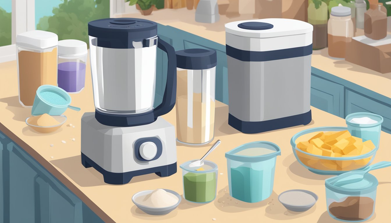 A kitchen counter with multiple empty protein shake containers scattered around, a blender filled with ingredients, and a measuring scoop overflowing with protein powder