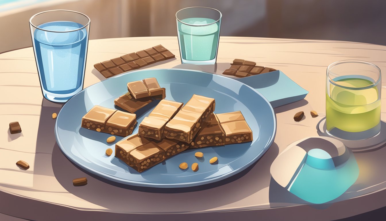 A table with multiple protein bars scattered across it, some partially unwrapped. An empty plate and a glass of water nearby