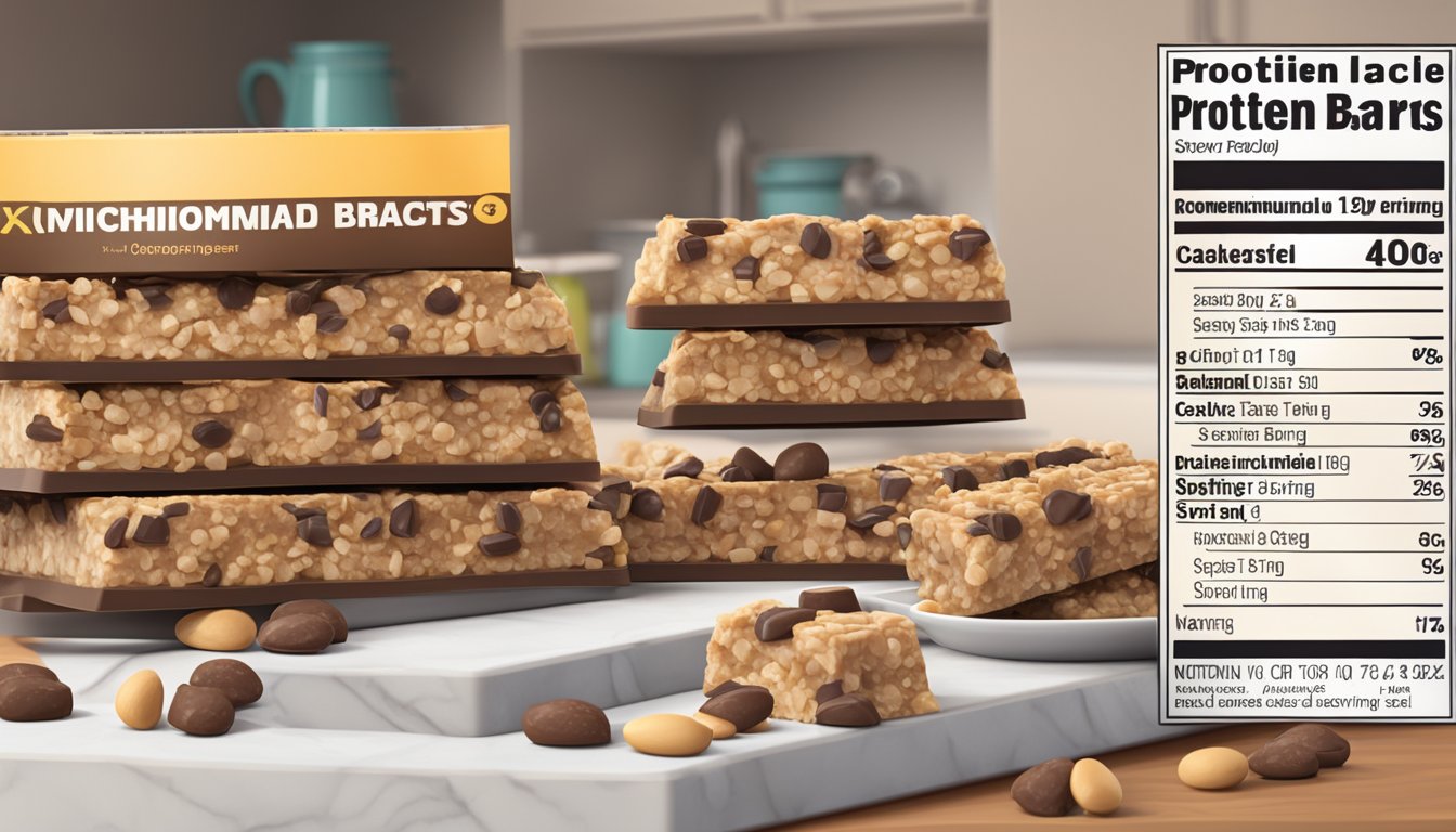 A pile of protein bars stacked on a kitchen counter, with a nutrition label showing recommended serving size and warning of overconsumption