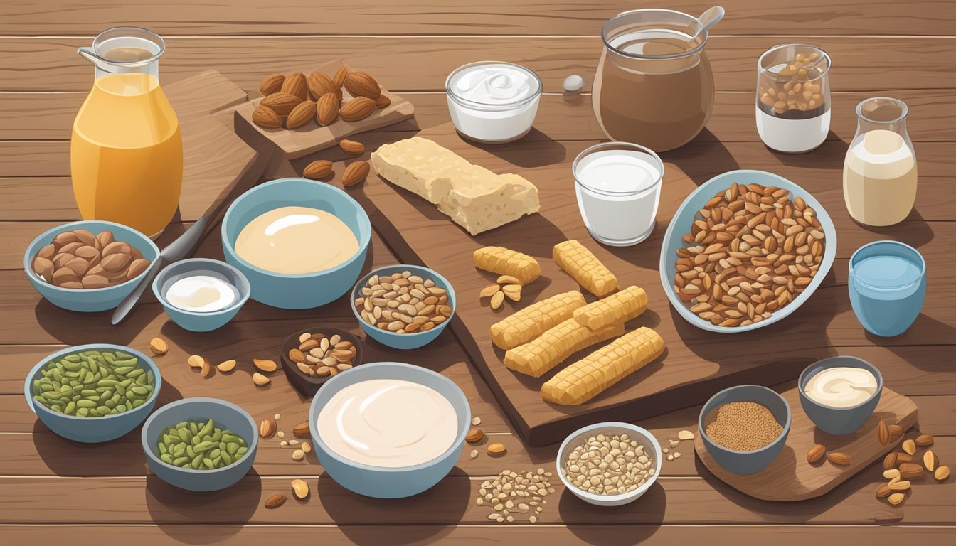 A variety of protein-rich foods displayed on a wooden table, including nuts, seeds, yogurt, and lean meats. A protein bar lies next to a measuring cup, suggesting portion control