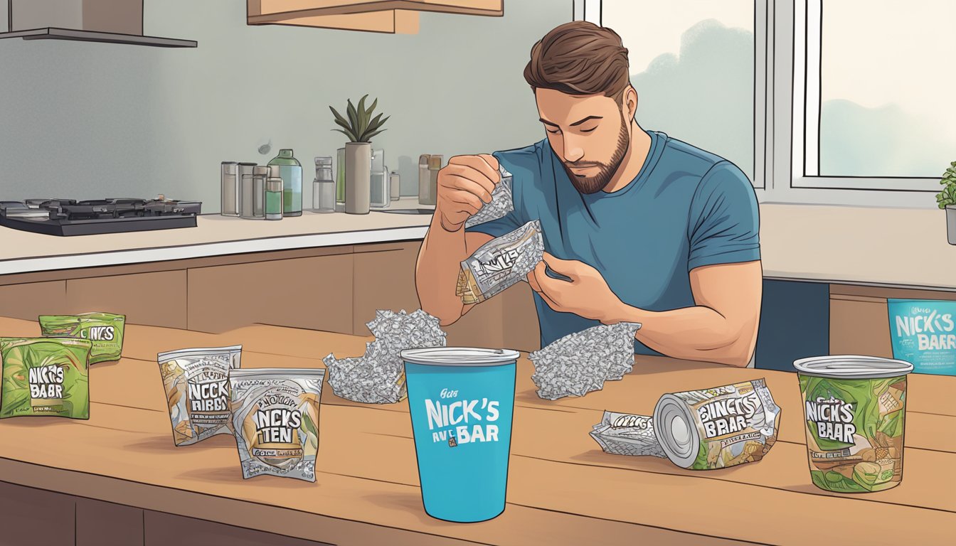 A table covered in empty Nick's protein bar wrappers, with a person looking queasy and reaching for a glass of water