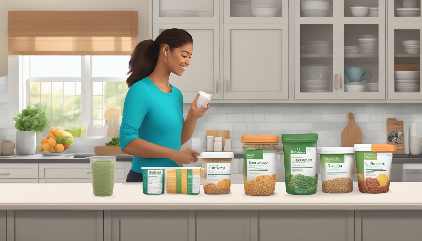 A kitchen counter with multiple empty and partially consumed TrueFit meal replacement containers, surrounded by scattered nutrition facts labels and a concerned individual holding one of the containers