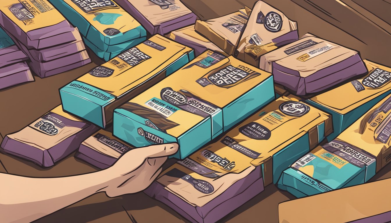 A pile of protein bars stacked on a table, with a person reaching for one but hesitating, looking unsure