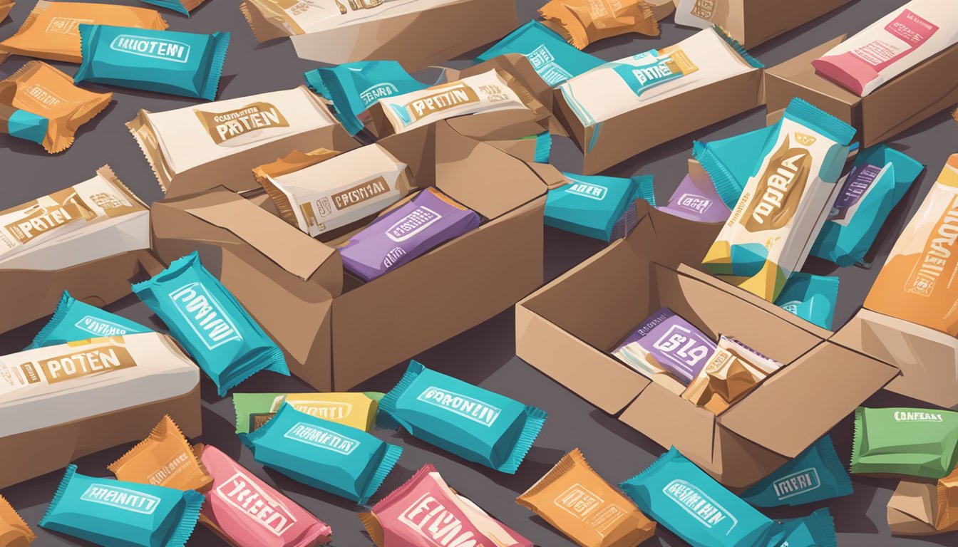 A pile of empty protein bar wrappers surrounds an open box, with a concerned figure looking at the excess consumption