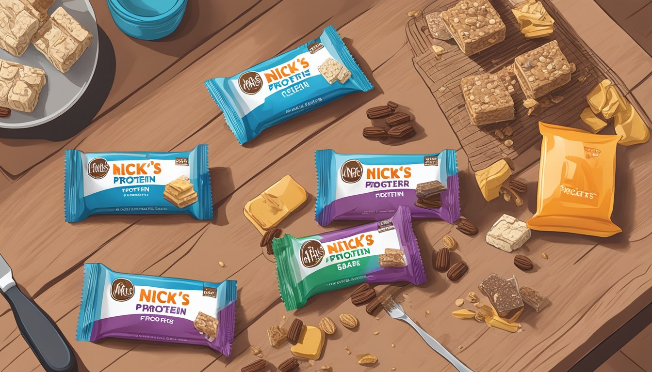 A table with an assortment of Nick's protein bars, with one bar being held up and examined closely