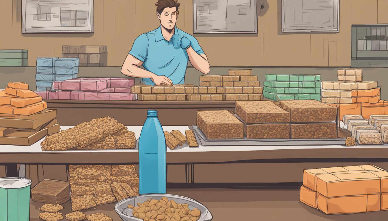 A table with multiple Nick's protein bars piled up, some half-eaten, with a person looking overwhelmed by the options