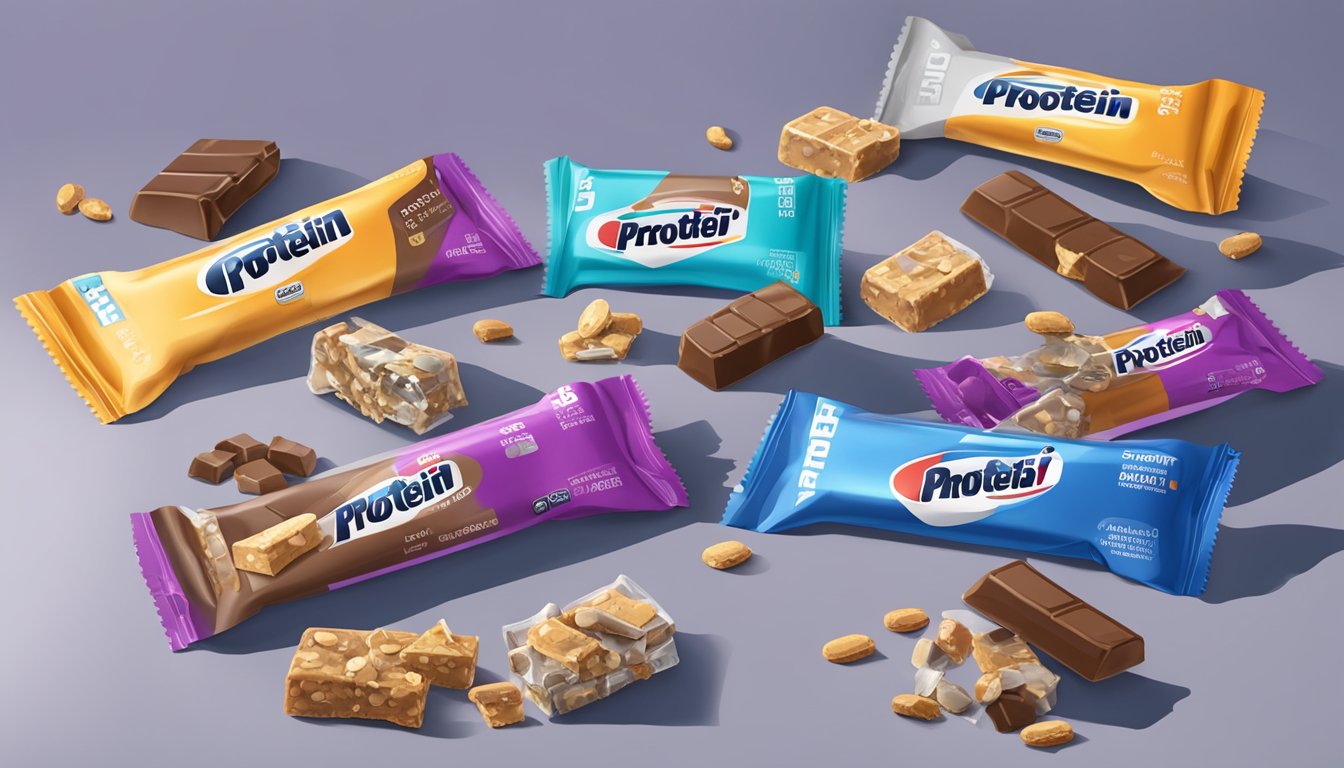 A table covered with an assortment of pure protein bars, with empty wrappers scattered around, indicating excessive consumption