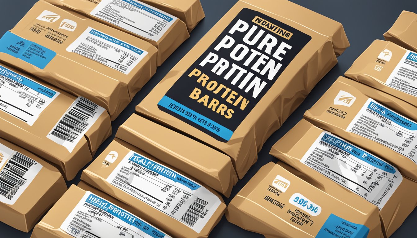 A pile of pure protein bars stacked high, with a warning label and a health chart in the background