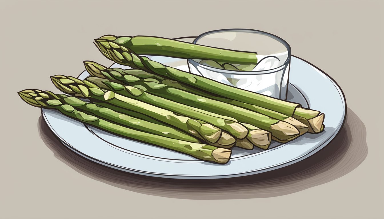 A bundle of fresh asparagus spears arranged on a plate, with a measuring cup filled with the daily folate requirement next to it