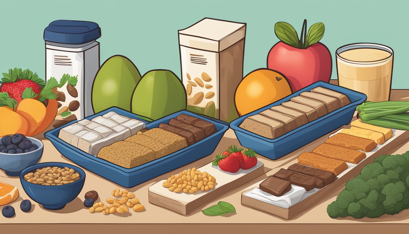 A table with a variety of protein bars, surrounded by fruits, vegetables, and grains. A nutrition label shows serving size and recommended daily intake