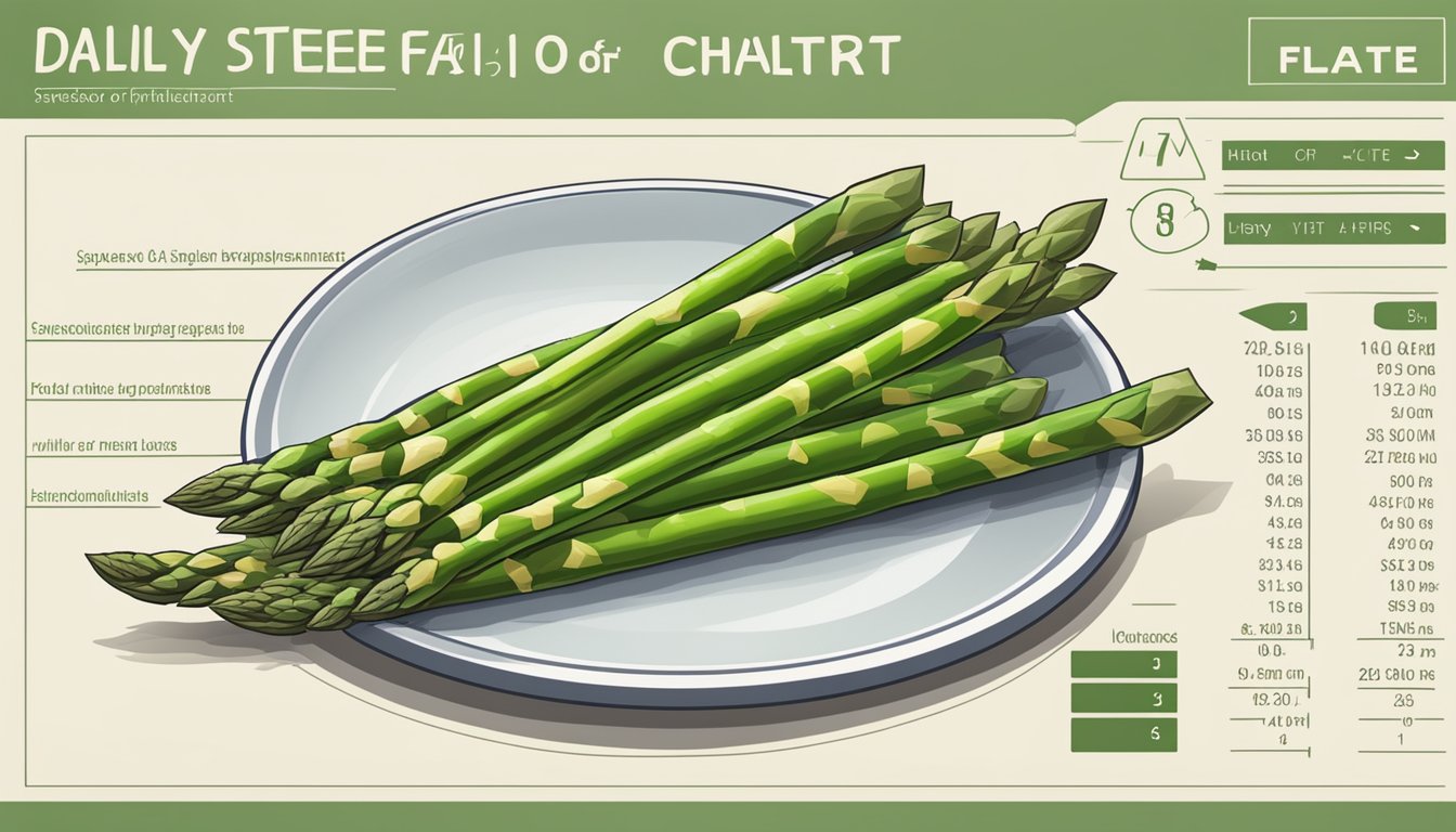 A plate of asparagus with a serving size indicator and a daily folate requirement chart