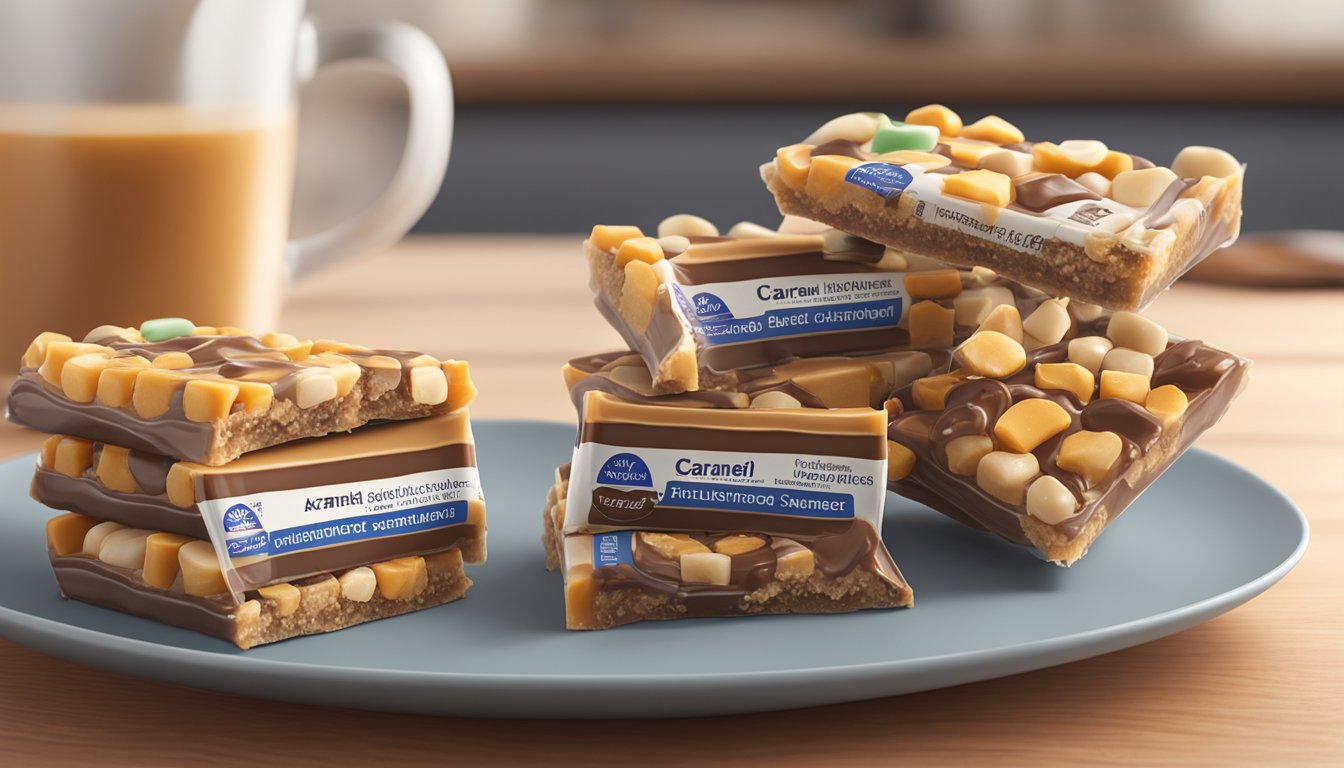 A table with multiple Atkins Endulge caramel bars stacked on a plate, with a nutritional information label next to it