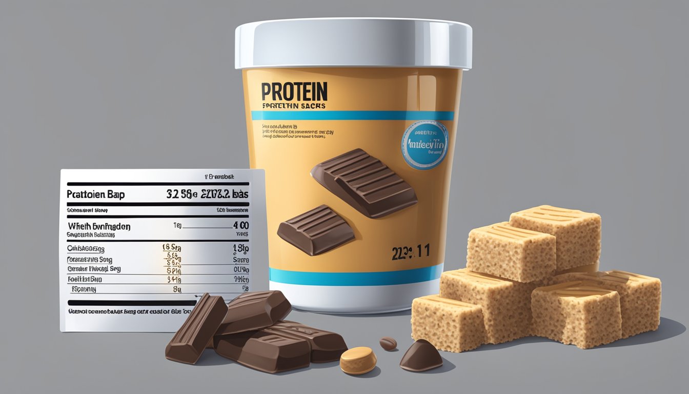 A stack of protein bars towering over a measuring cup, with a nutrition label in the background