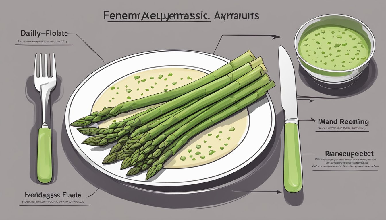 A plate with 3 servings of asparagus, a measuring cup, and a chart showing daily folate requirements