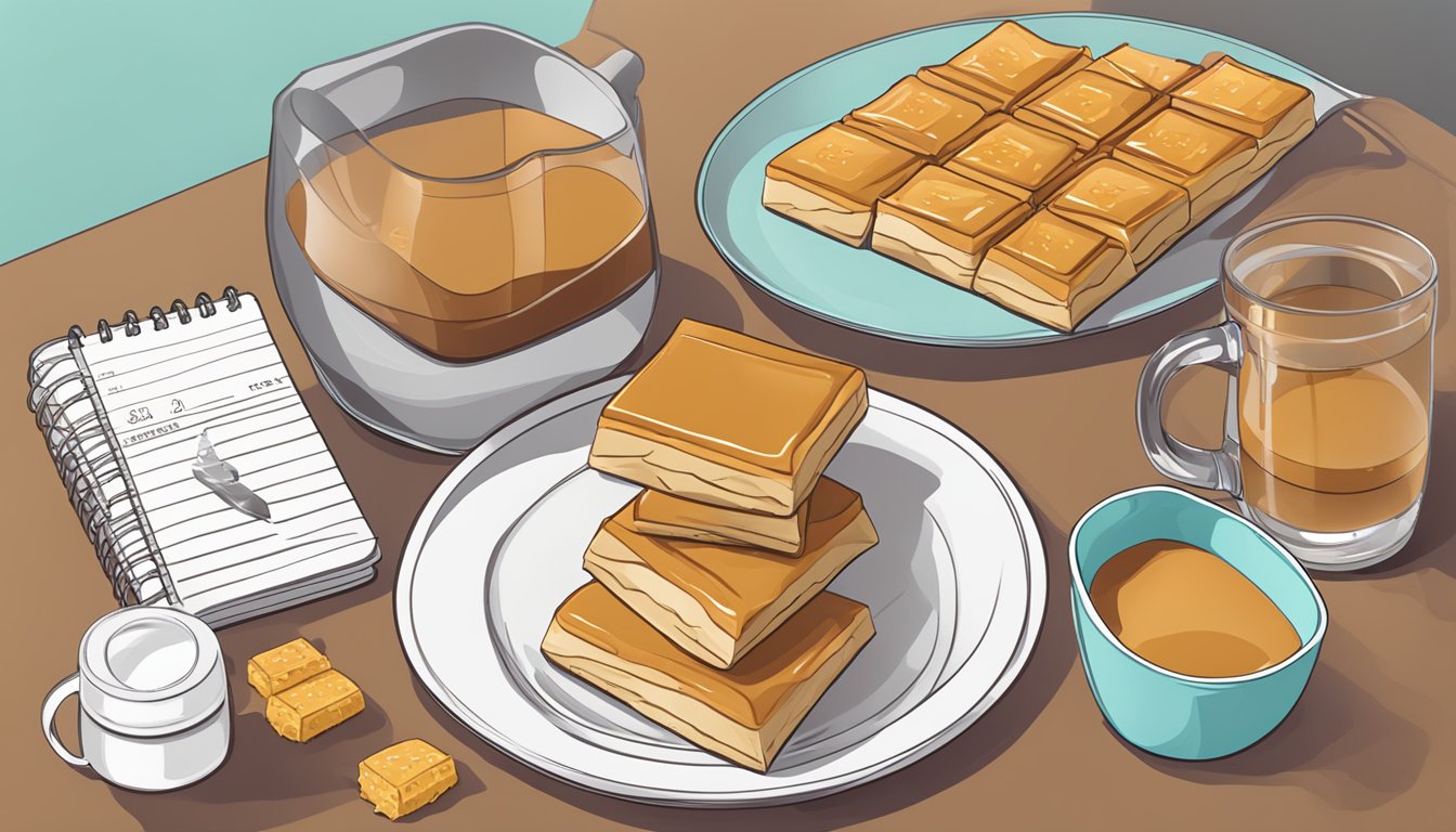 A table with multiple Atkins Endulge caramel bars, a measuring cup, and a notepad with "Daily Consumption Limits" written on it