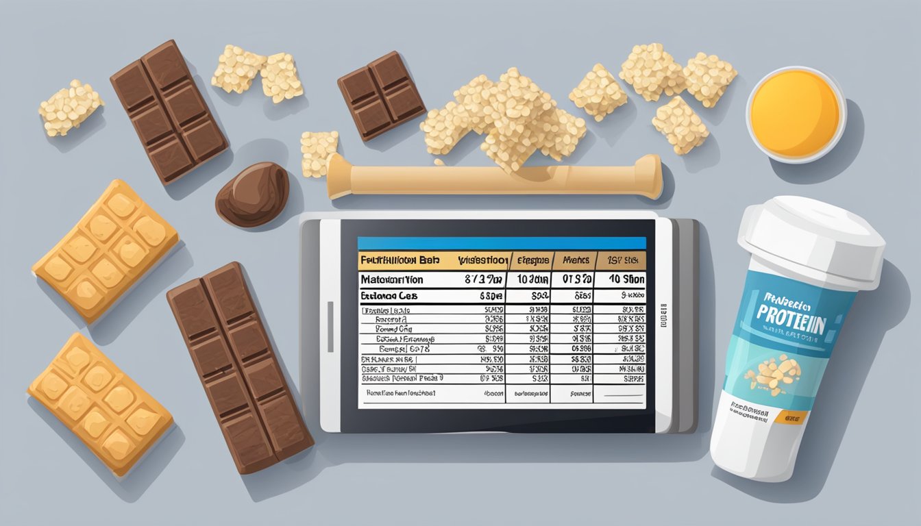 A table with multiple pure protein bars, a calculator, and a nutrition label