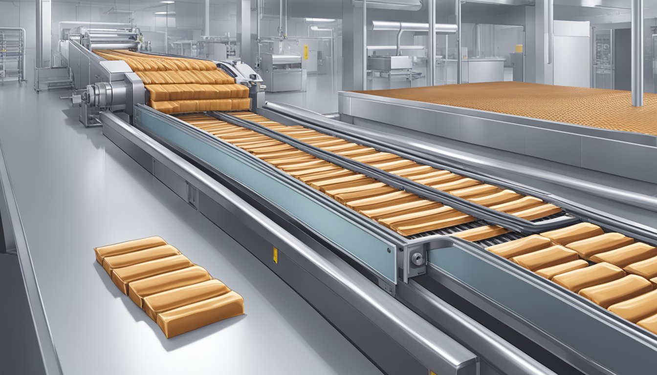 A conveyor belt moves Atkins Endulge caramel bars through a packaging machine in a bright, sterile factory setting