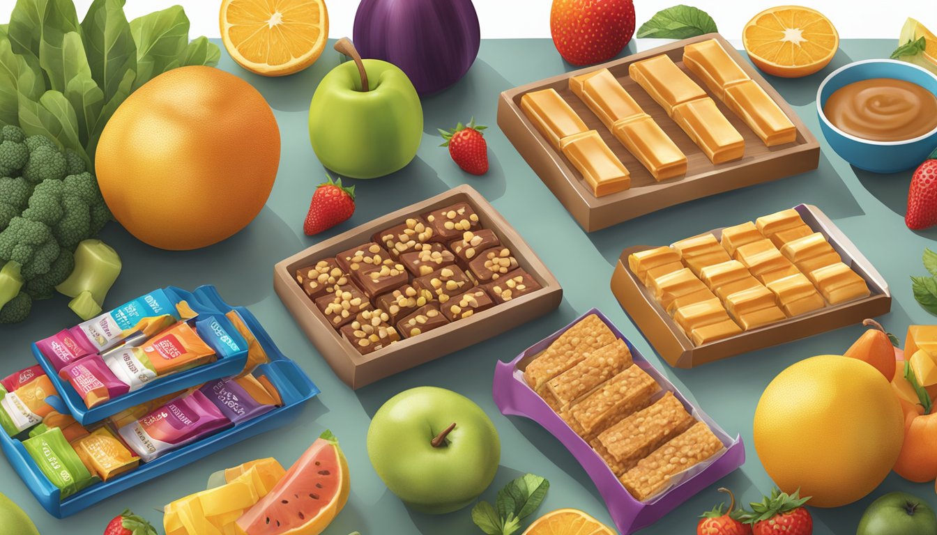 A table with an assortment of Atkins Endulge caramel bars, surrounded by various fruits, vegetables, and exercise equipment