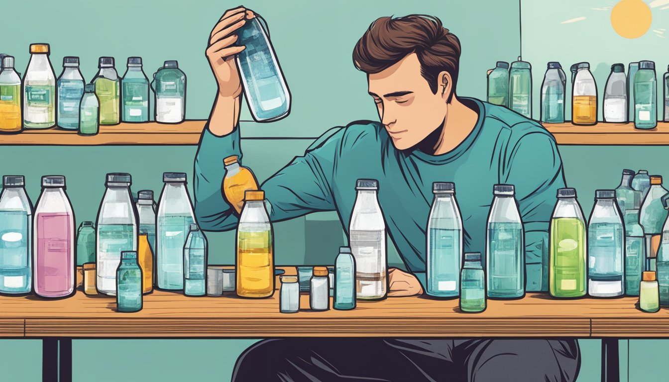 A table with multiple bottles of LMNT electrolytes, some empty, some full, and a person holding a bottle with a puzzled expression