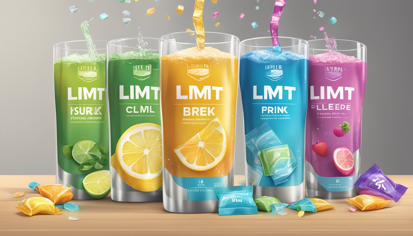 A table with multiple LMNT electrolyte drink mix packets, some opened and poured into glasses, others still sealed