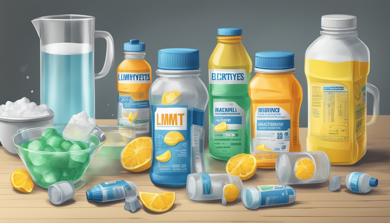 A table with multiple bottles of LMNT electrolytes, some empty and some partially consumed, surrounded by caution signs and a measuring cup